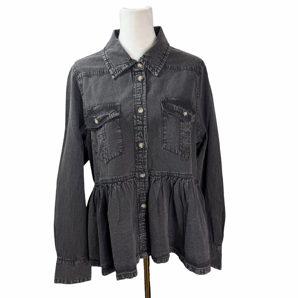 New Mud Pie Hayden Washed Black Denim Button Front Peplum Top Size L